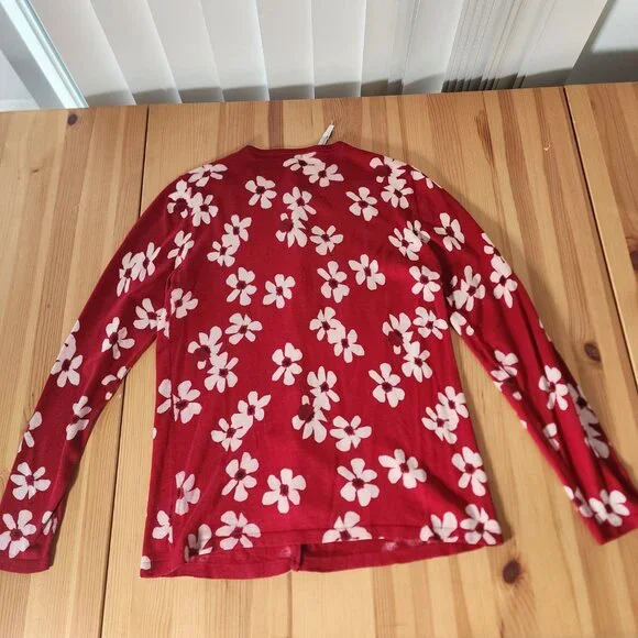 Carolina Herrera Red White Floral Cardigan Feminine Faux Pearl Buttons Silk XS - Picture 4 of 12